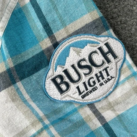 Busch Light Shirt Mens Medium Blue Plaid Flannel Angry Minnow Vintage Beer Logo - Picture 4 of 12